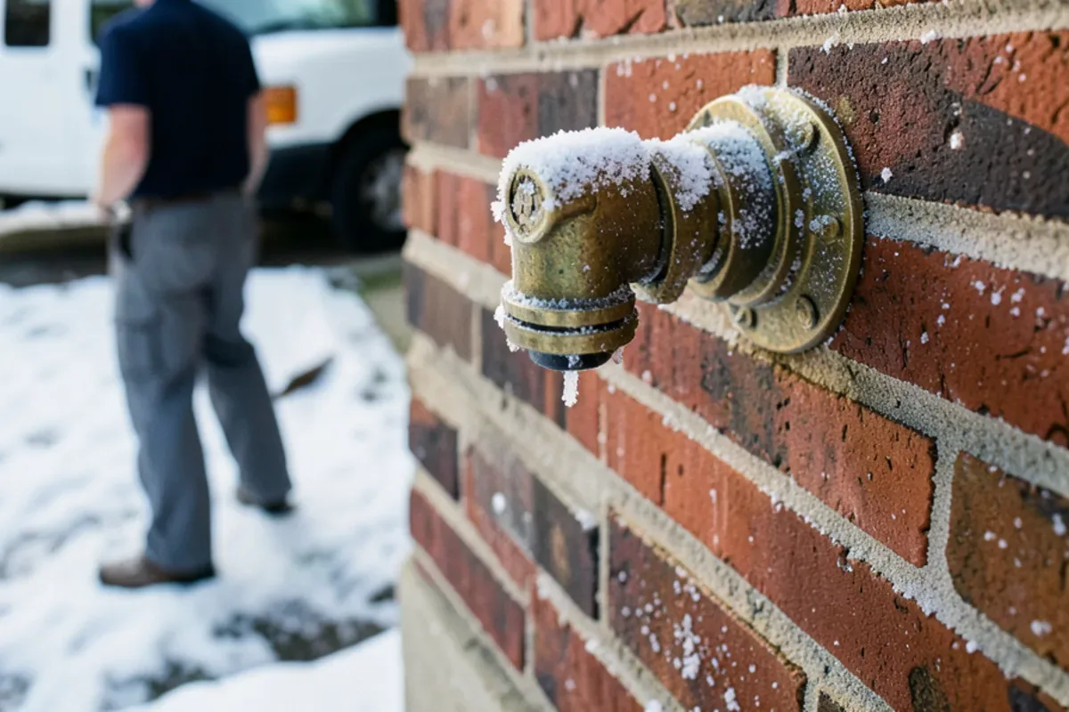 Frost-covered outdoor hose bib on the brick wall of a Warren home in January