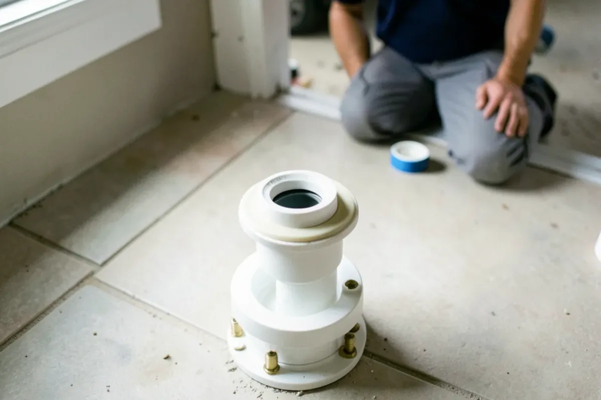 New toilet flange and wax ring ready for a toilet reset