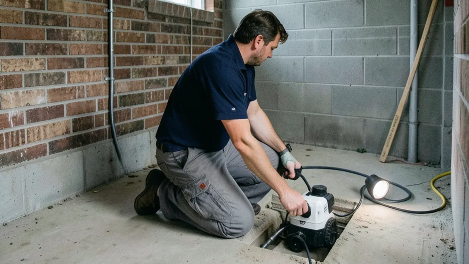 Plumber at the open basement cleanout of a 1960s brick ranch in Warren, Michigan, in early spring